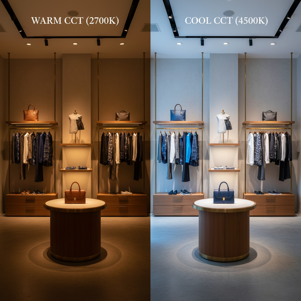 AB comparison of Retail Lighting Design, showing how warm CCT (2700K) creates a luxury feel vs. cool CCT (4500K) creates a modern feel