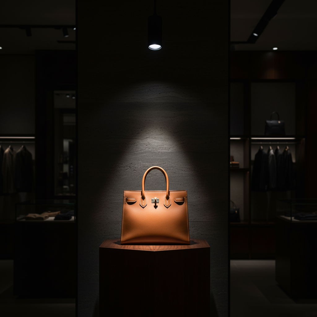 Strategic Retail display lighting using a focused spotlight to create a 'hero' moment for a luxury product, demonstrating effective accent lighting