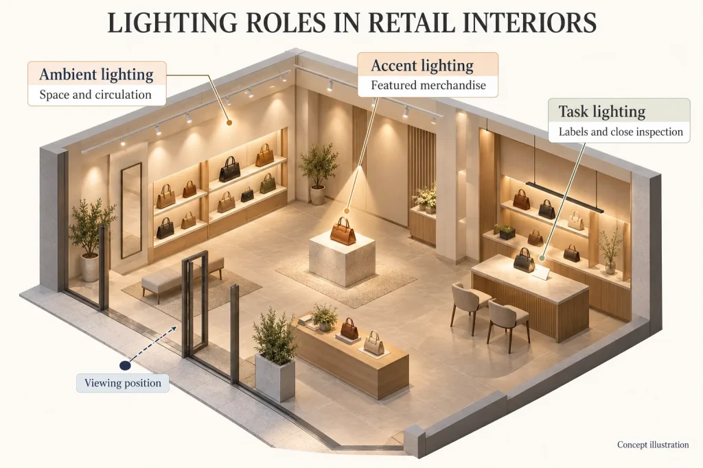 Isometric handbag boutique illustration with ambient, accent and task lighting and a customer viewing position | Concept illustration showing lighting roles around merchandise and customer viewing