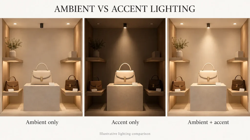 Three-panel illustration of the same handbag display with ambient lighting only, accent lighting only and both layers together