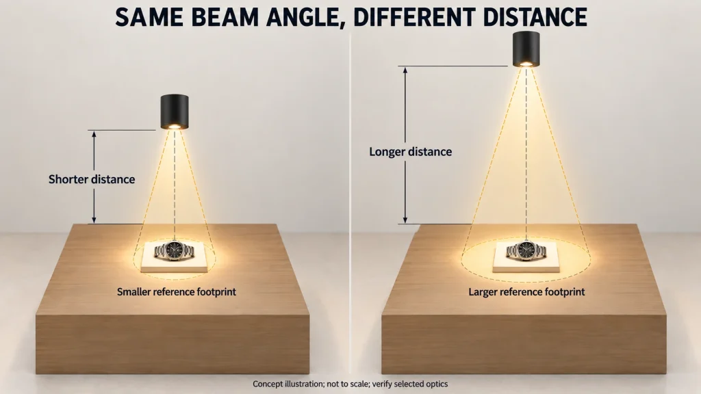 Two-panel-illustration-of-a-watch-display-showing-a-smaller-reference-footprint-at-a-shorter-fixture-distance-and-a-larger-footprint-at-a-longer-distance