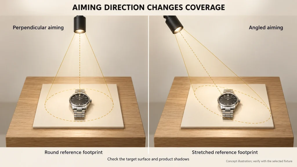 Watch-display-illustration-comparing-a-round-reference-footprint-with-perpendicular-aiming-and-a-stretched-footprint-with-angled-aiming