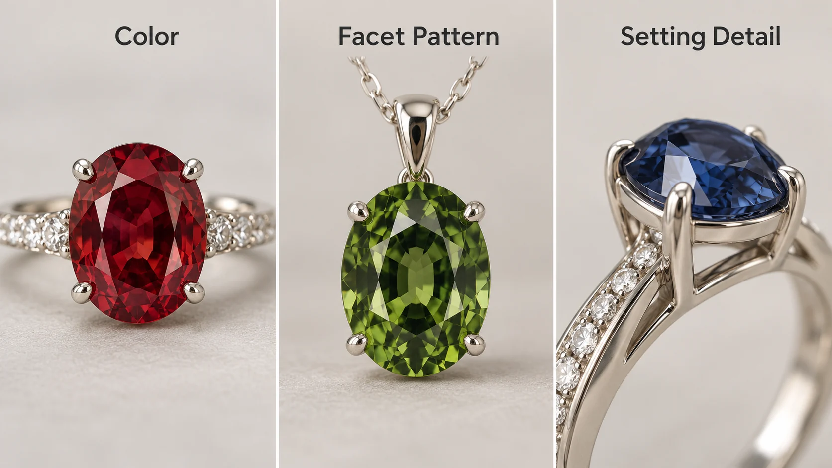 Three concept jewelry close-ups labeled Color, Facet Pattern and Setting Detail, showing gemstone color areas, facets and metal prongs