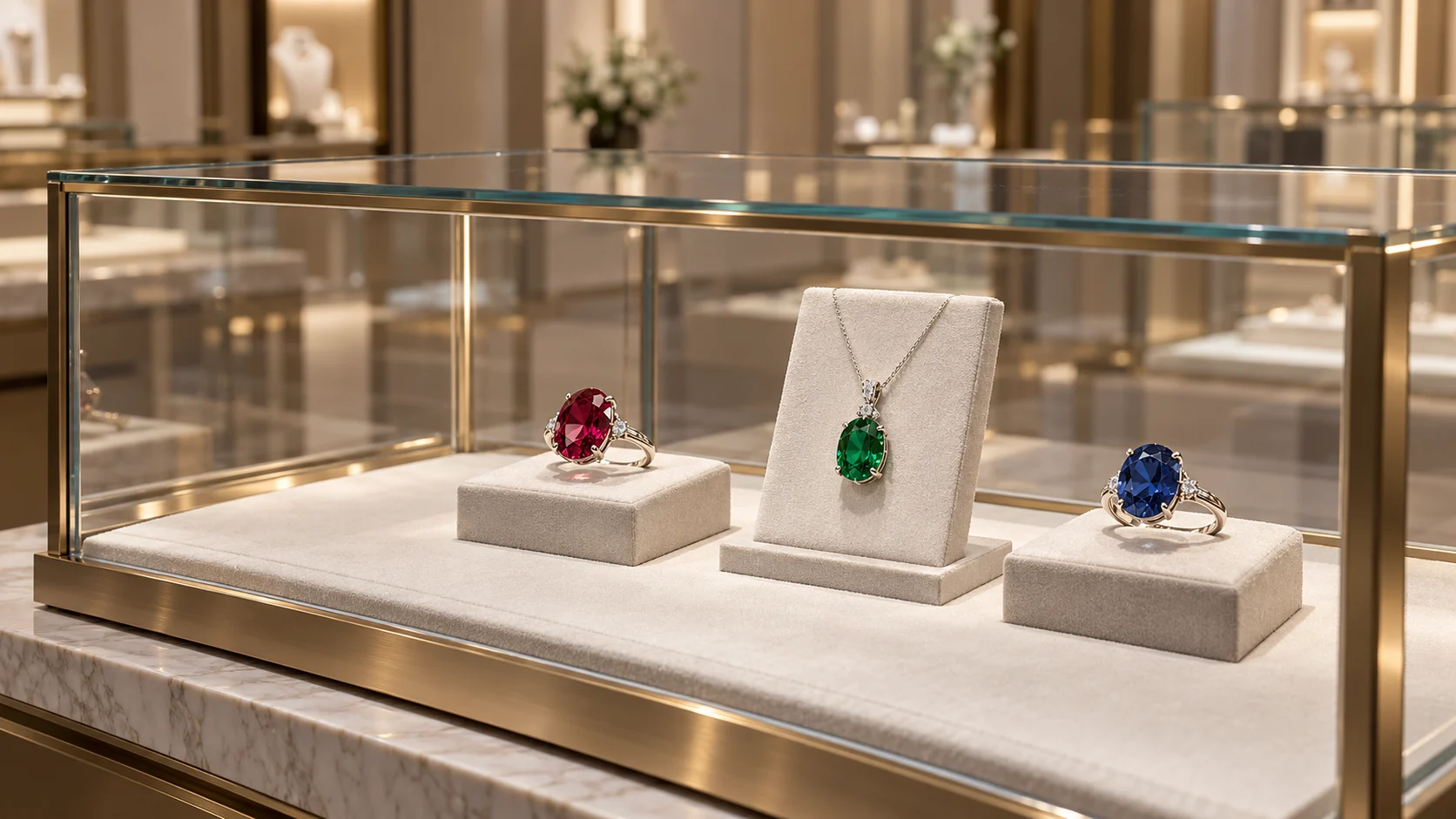 Concept glass jewelry display with red, green and blue gemstone pieces on pale supports, showing colored stones and metal settings