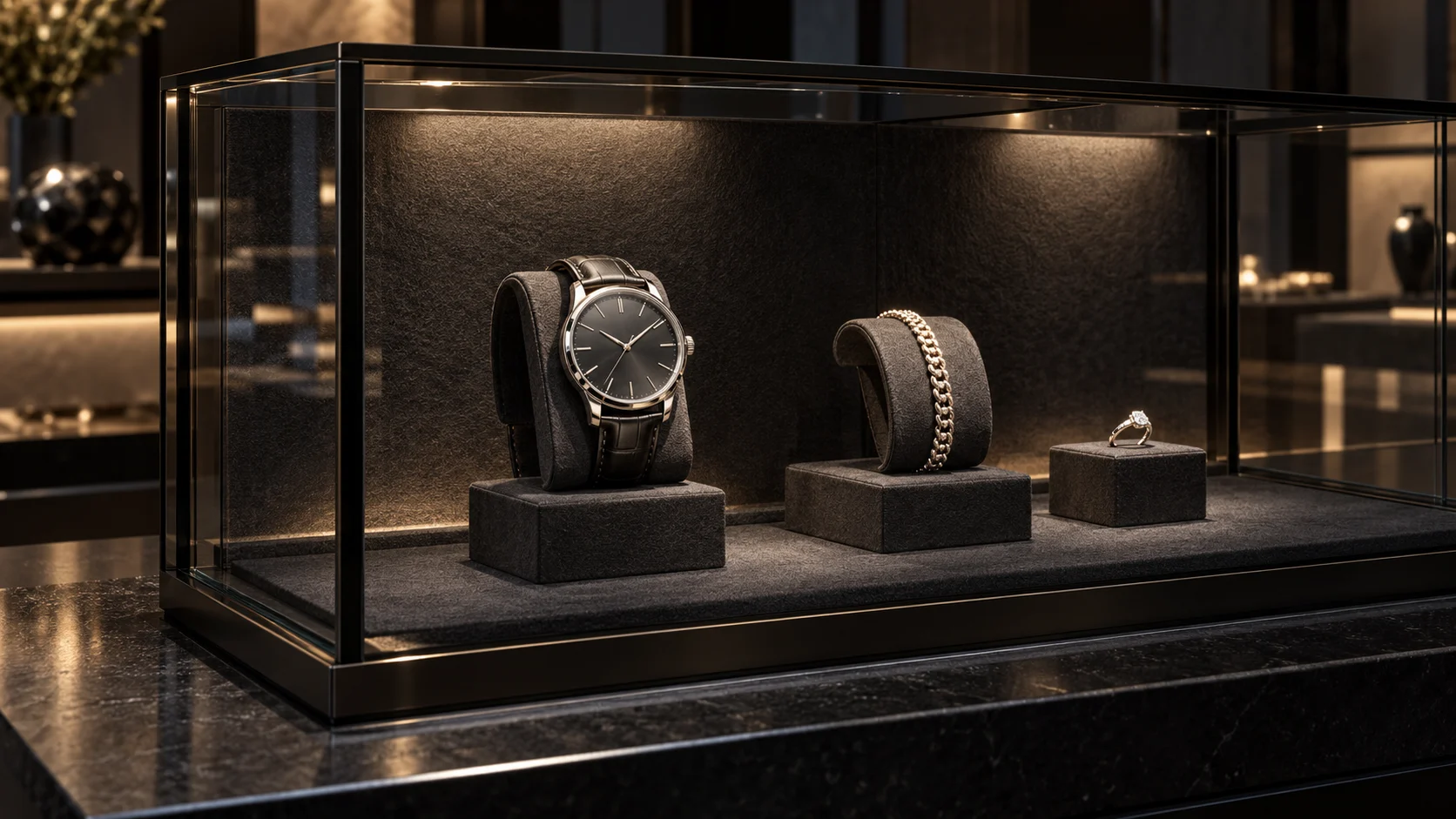 Concept glass display case with a dark-strapped watch, bracelet and ring on charcoal supports against a textured dark background