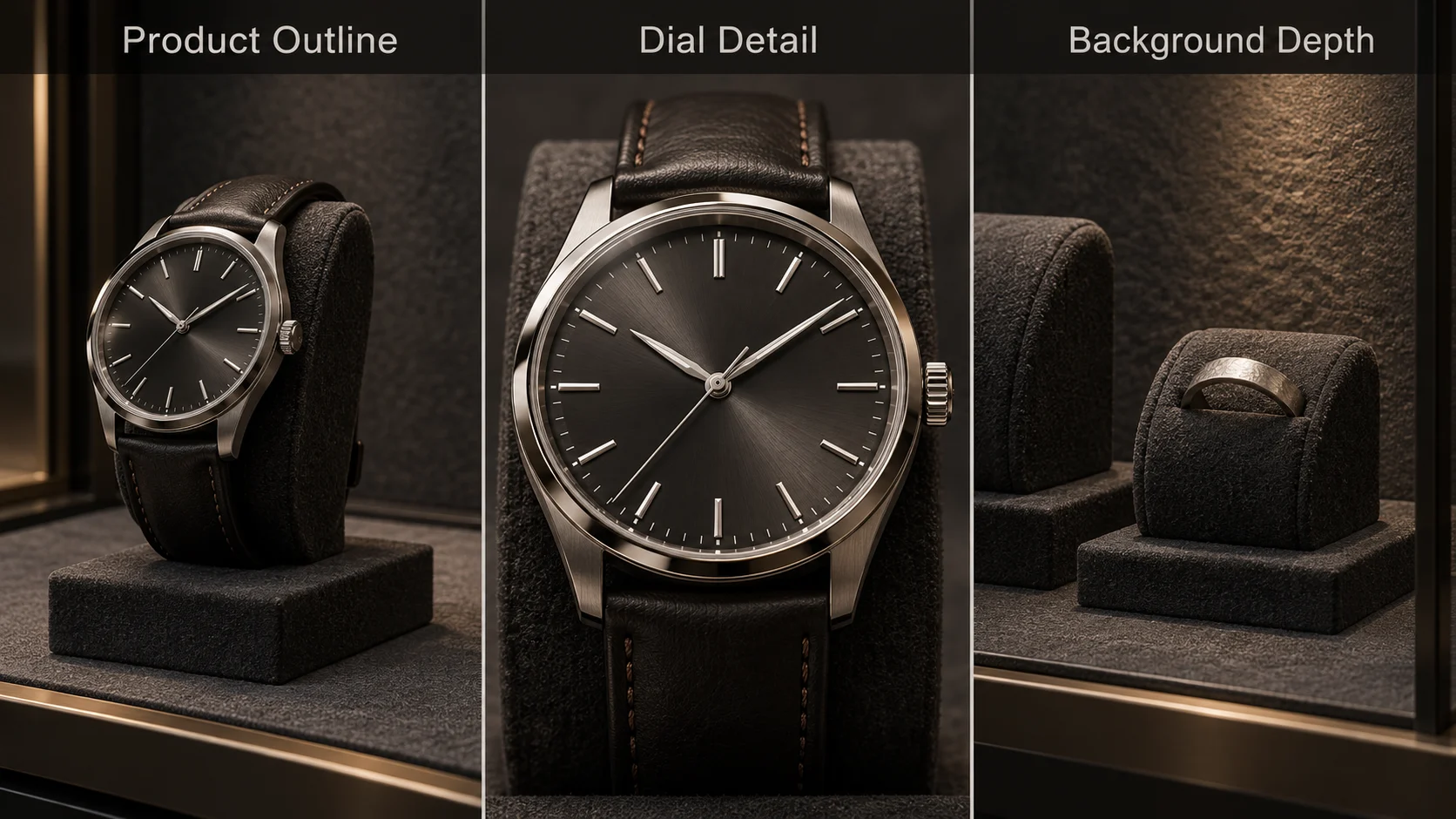 Three concept close-ups labeled Product Outline, Dial Detail and Background Depth, showing a dark watch display and its supports