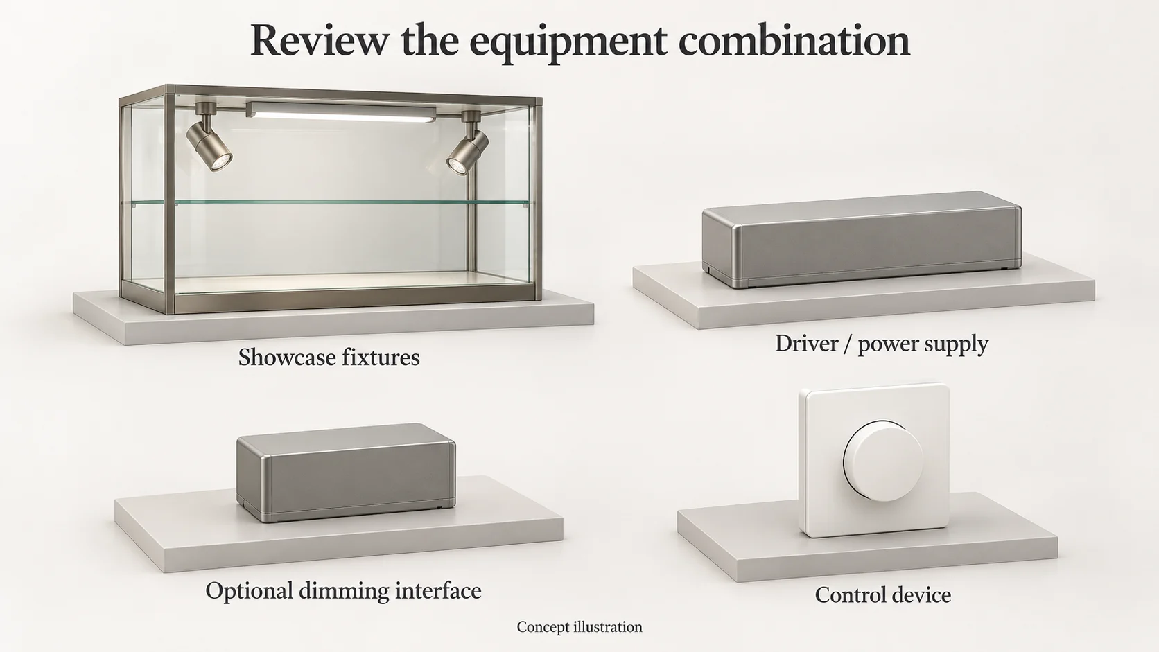 Concept studio illustration grouping showcase fixtures, a driver or power supply, an optional dimming interface and a control device