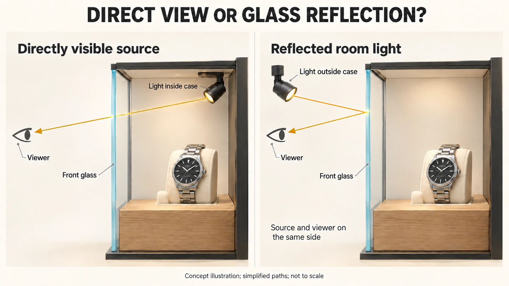 Two-panel showcase illustration comparing an internal light seen through front glass with an outside room light reflected toward a viewer