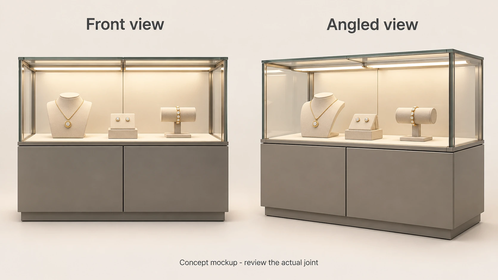 Front and angled concept views of a jewelry showcase with adjacent linear light sections and a central joint to review