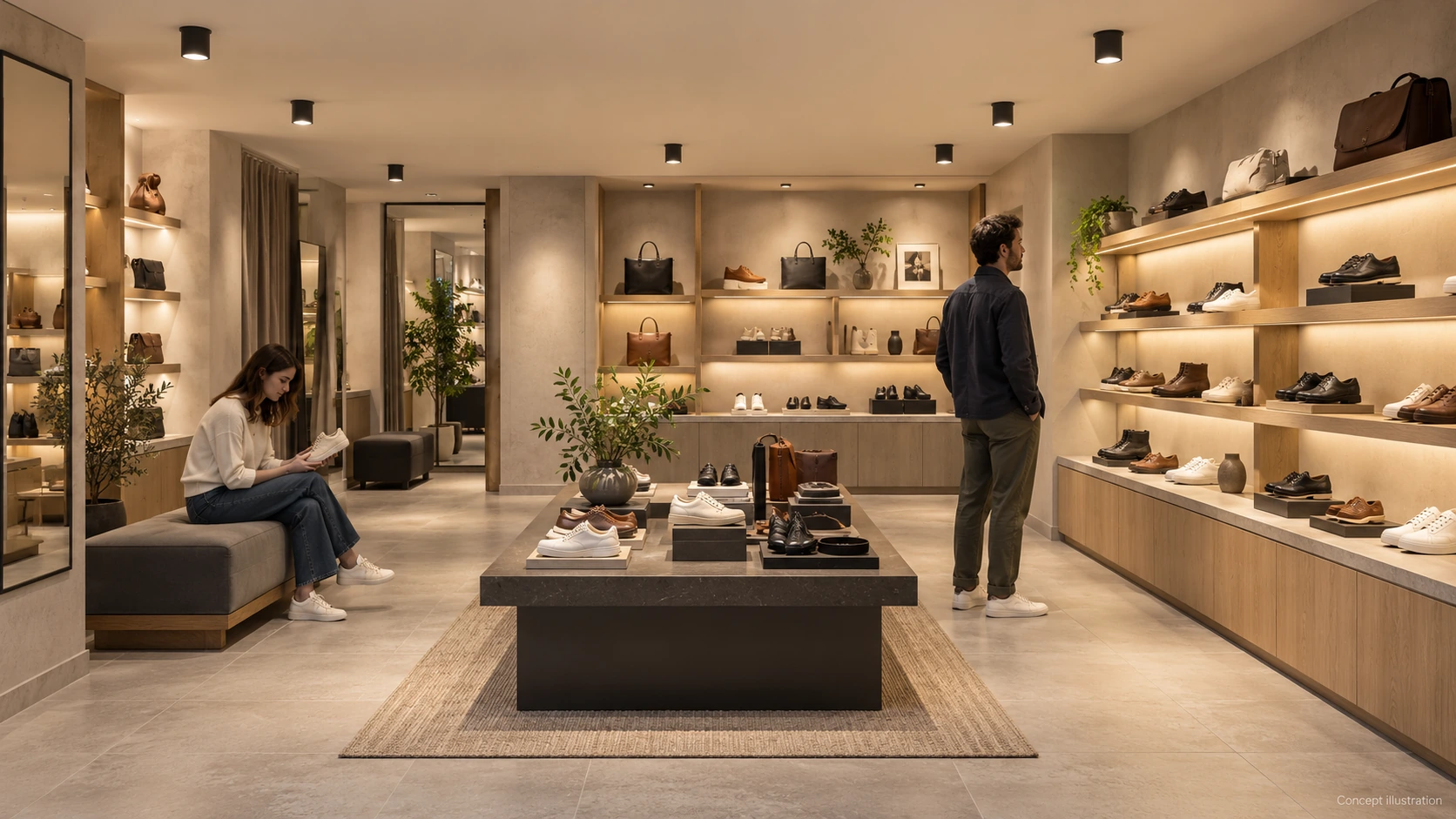 Low-ceiling footwear boutique concept with compact ceiling fixtures, illuminated wall shelves, a display table and seated and standing customers
