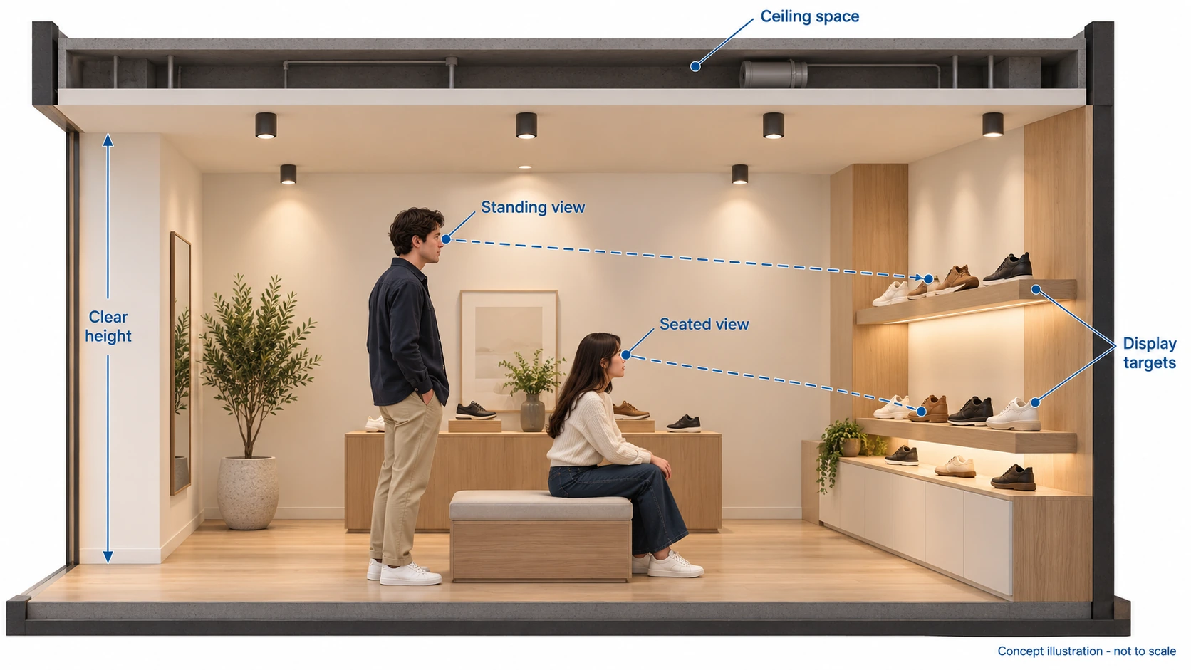 Retail cutaway showing ceiling space, clear height, and standing and seated customers with dashed sightlines toward merchandise shelves