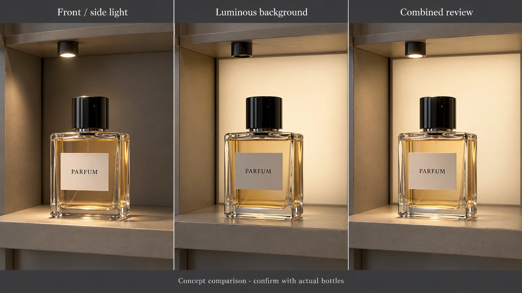 Three concept views of the same perfume bottle comparing front or side light, a luminous background and both lighting groups together