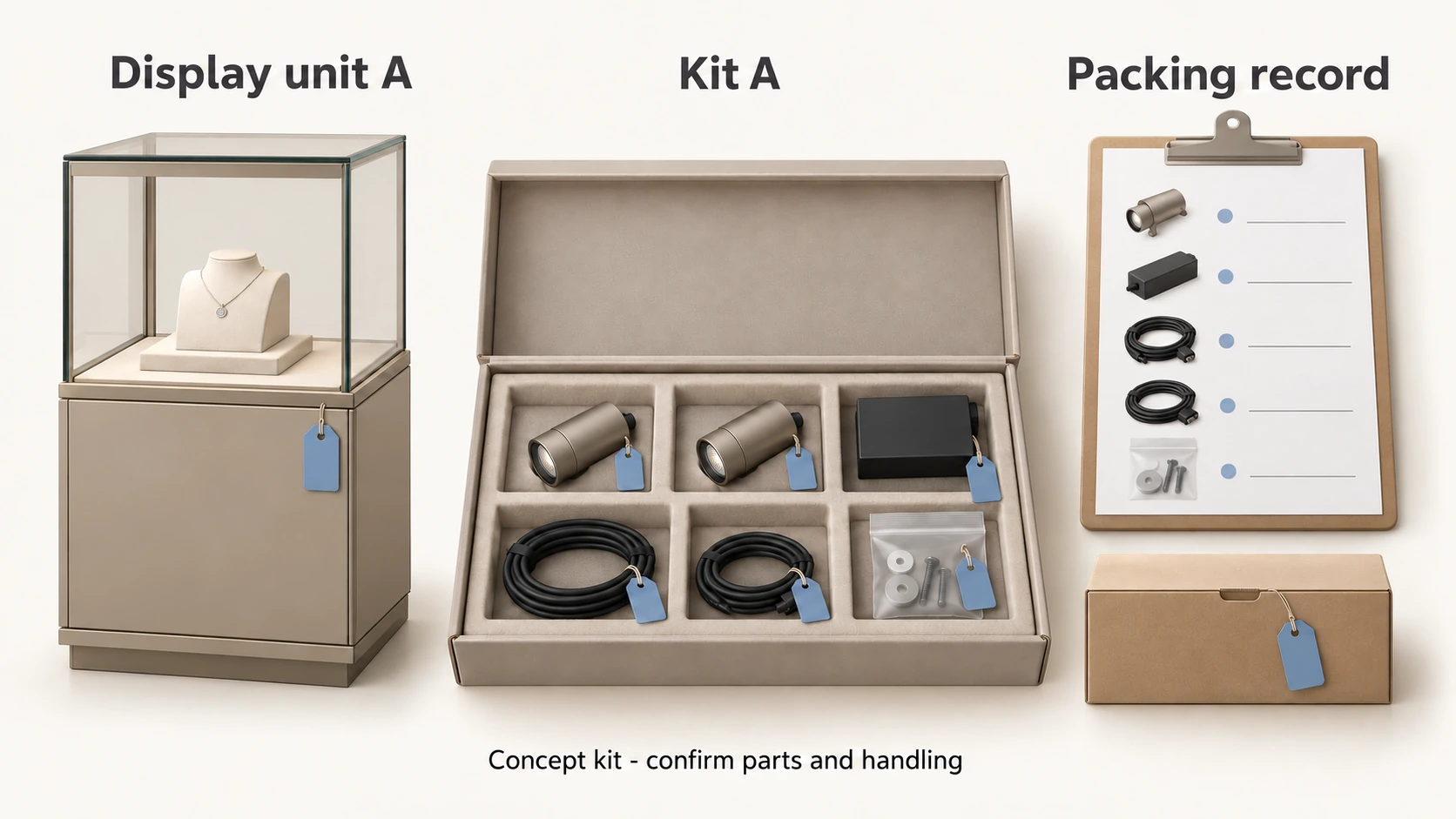 Concept illustration of a display unit, a separately identified lighting kit and a packing inventory for pop-up retail displays