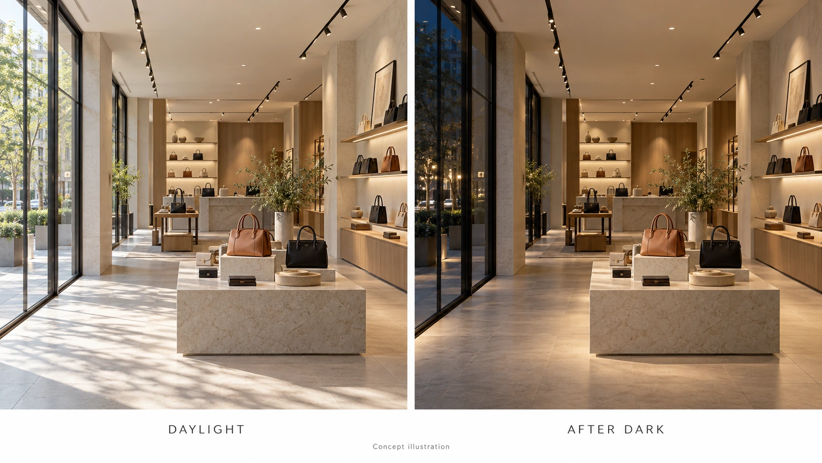 Two concept views of the same retail interior comparing daylight through storefront glazing with artificial lighting after dark