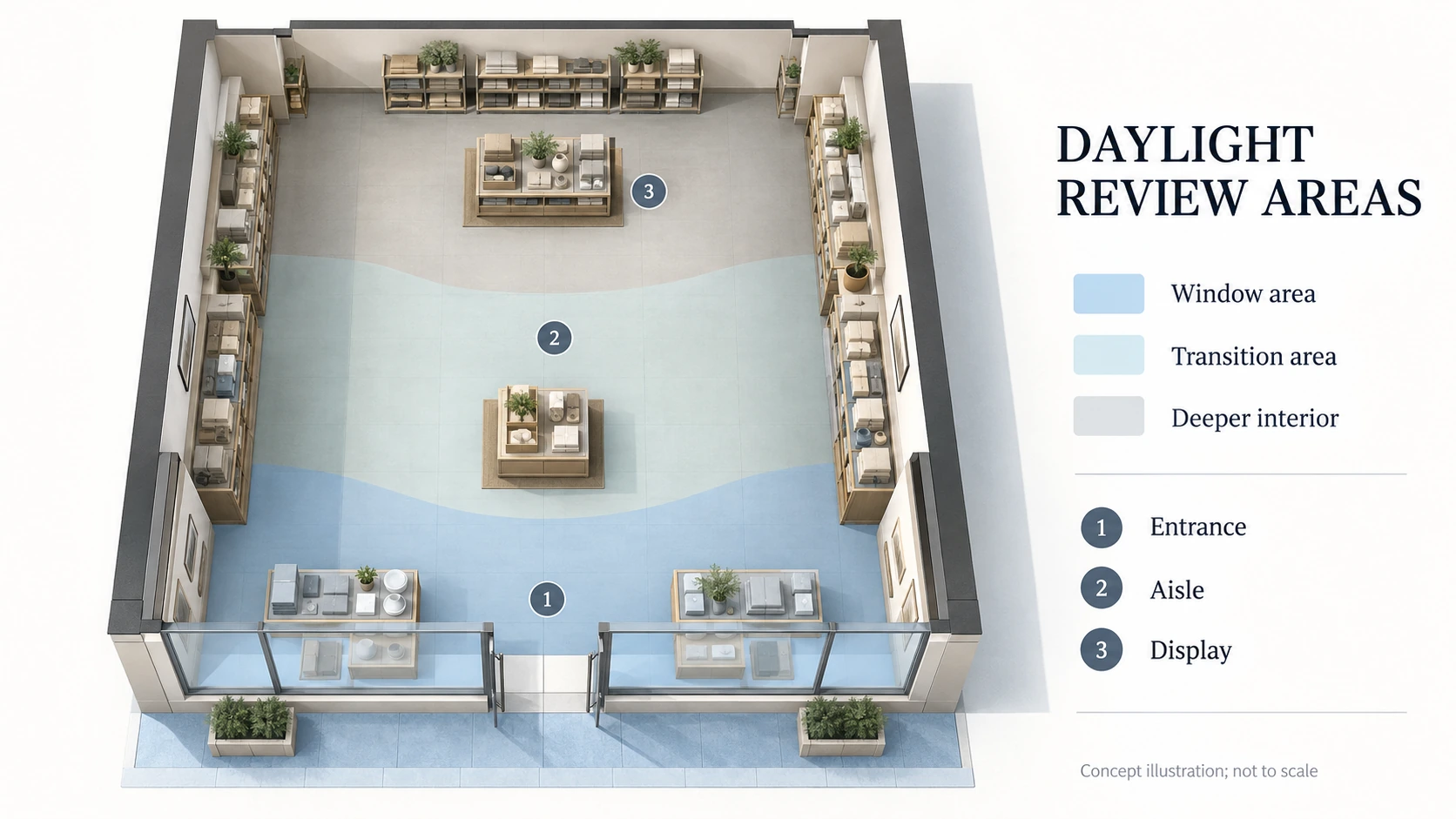 Retail floor plan illustration marking window, transition and deeper interior areas with entrance, aisle and display viewing positions