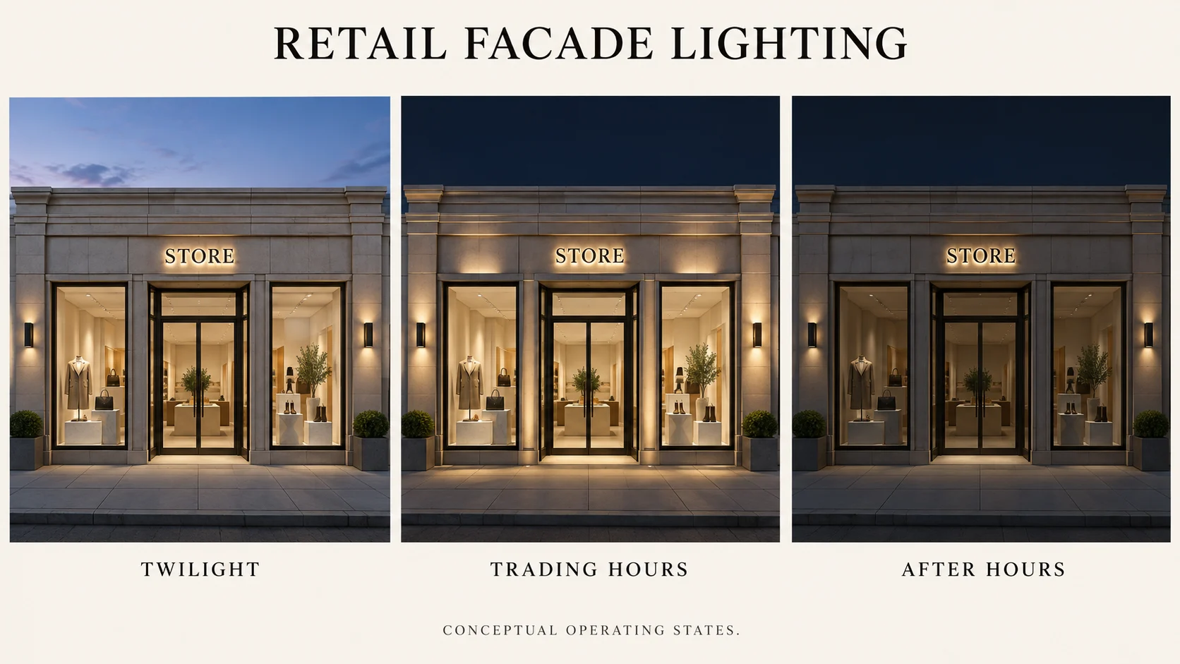 Three concept storefront panels labeled Twilight, Trading Hours and After Hours, showing different daylight and lighting states
