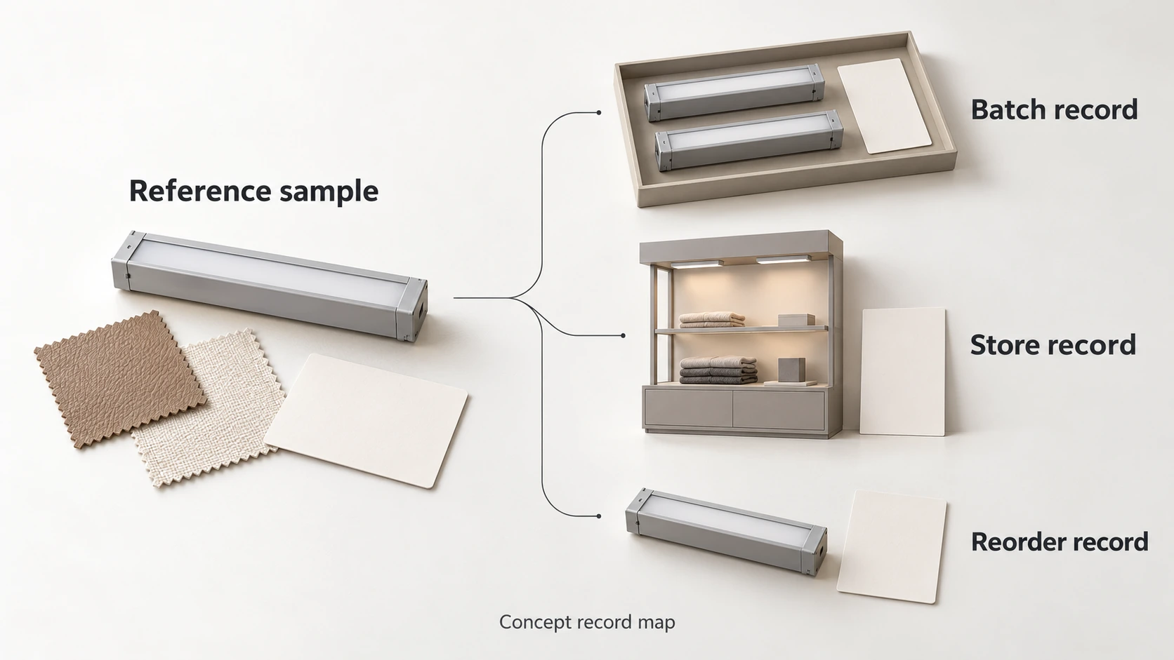 Concept illustration connecting a reference lighting sample and material swatches with batch, store and reorder records