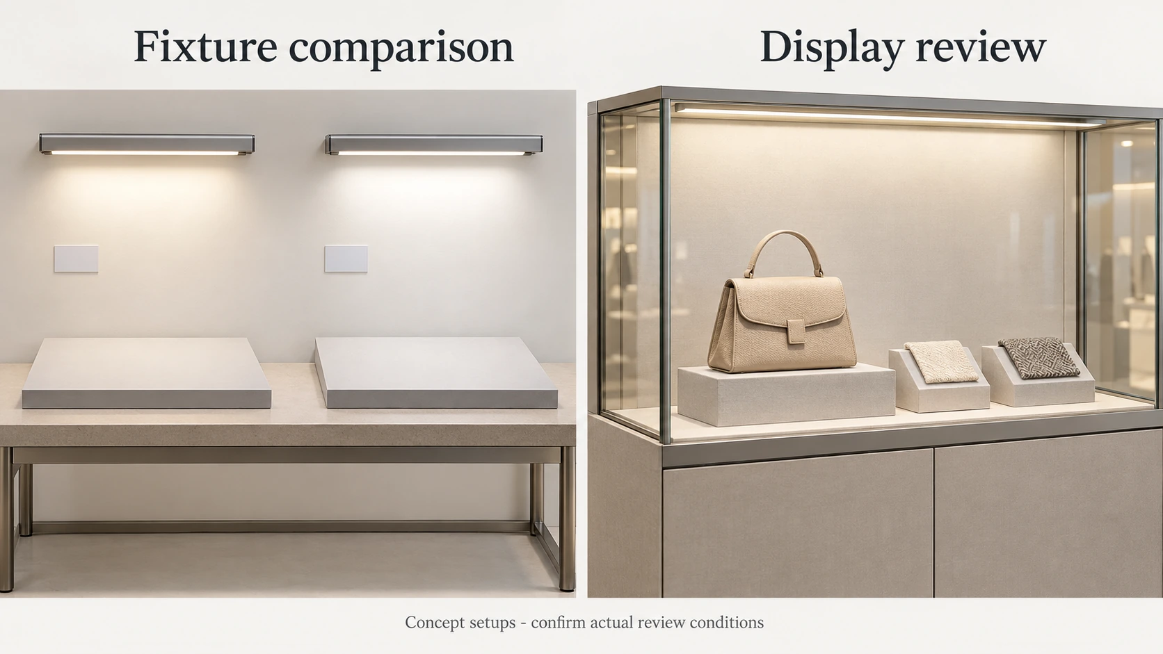 Two concept setups showing adjacent linear fixtures over reference surfaces and a glass showcase with a handbag and material samples
