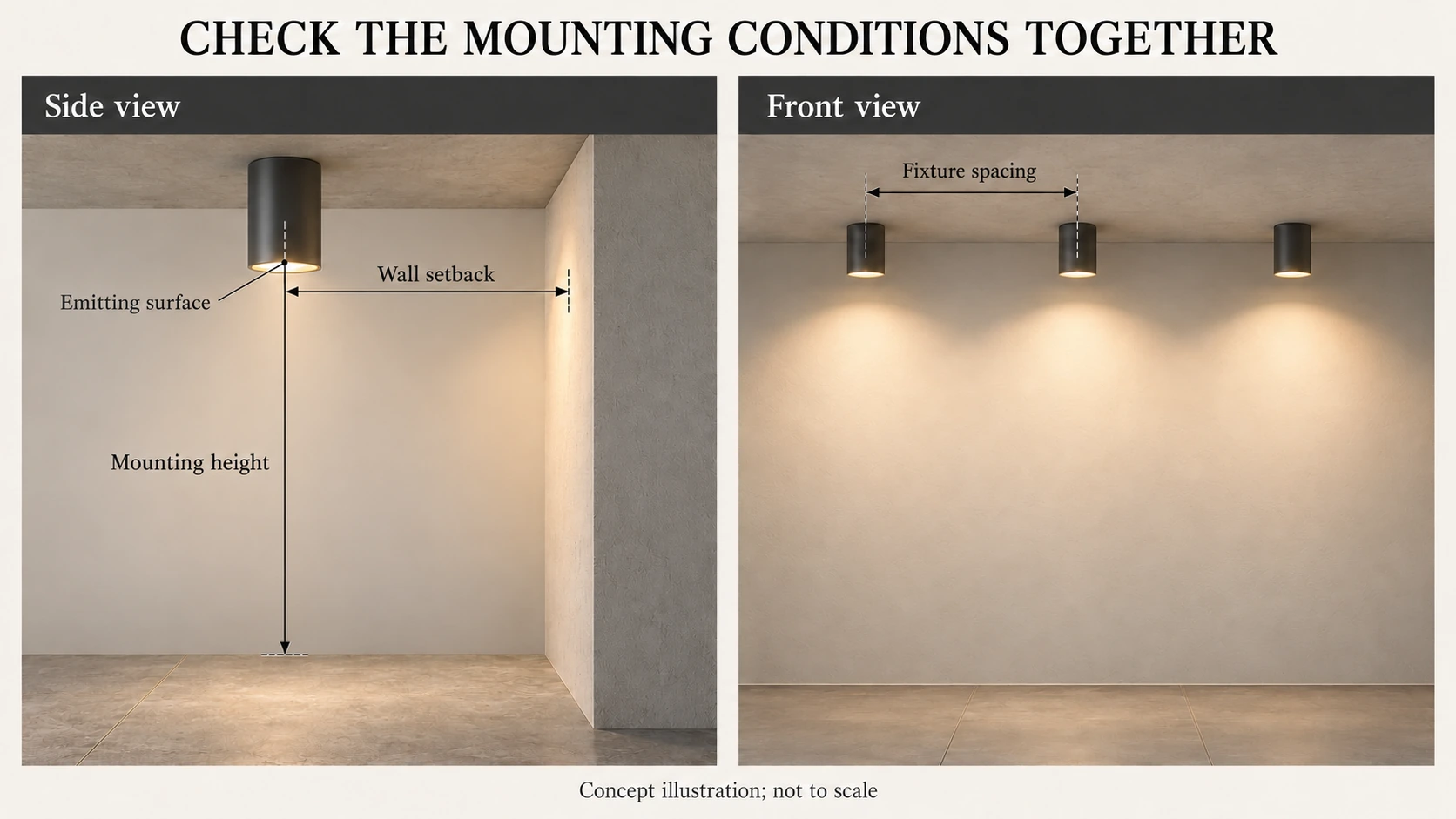 Side and front views showing wall-lighting mounting height, setback from the emitting-surface centerline and spacing between fixture centers