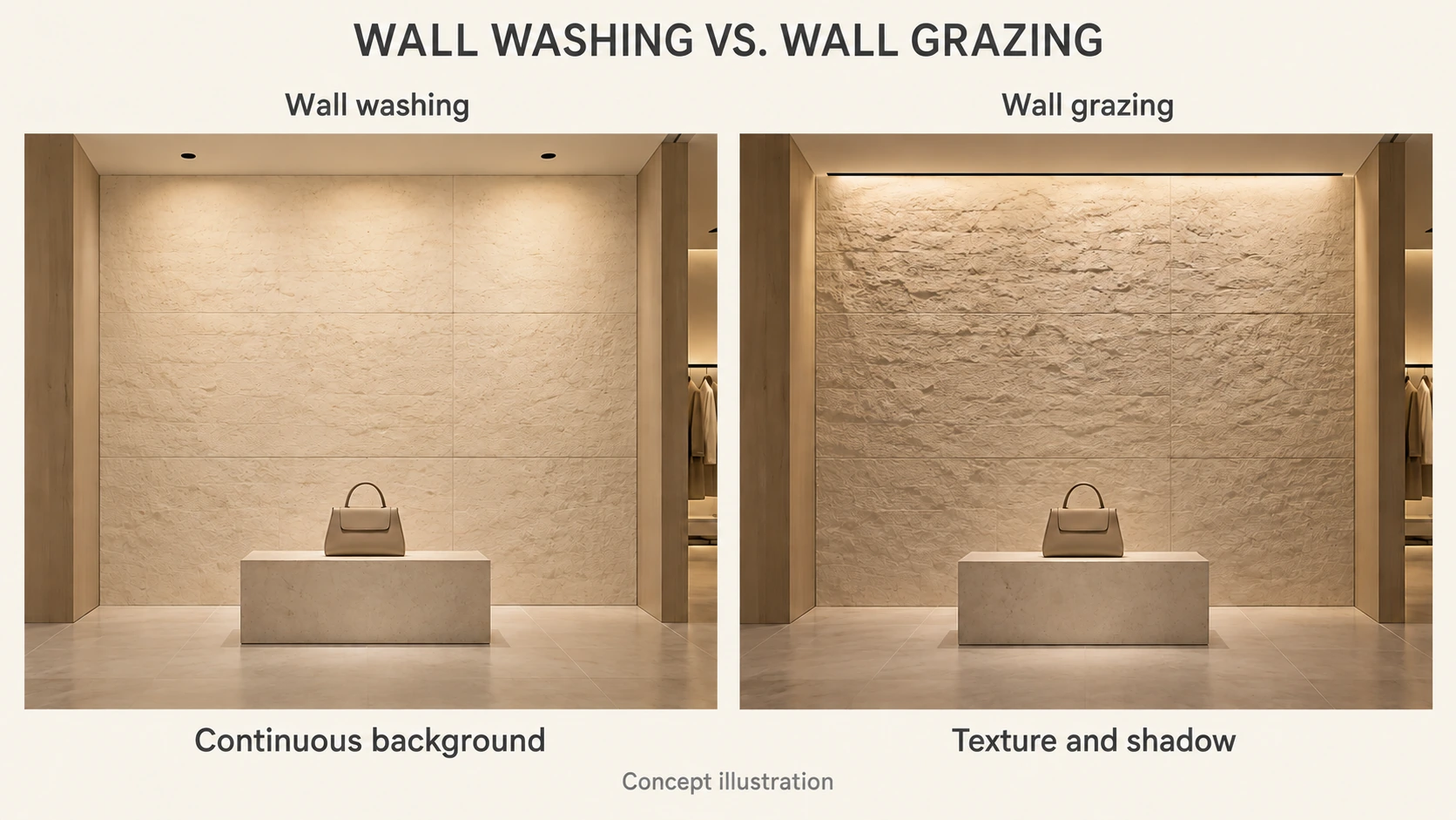 Side-by-side retail wall illustrations comparing a continuous wall-washing background with grazing light that emphasizes stone texture and shadows